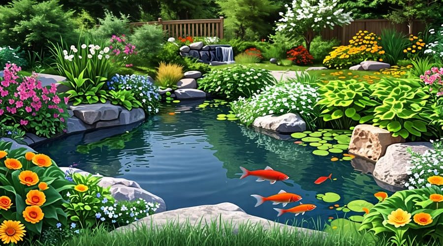 A beautifully crafted farm pond, surrounded by lush greenery and aquatic plants, with vibrant fish swimming through the clear water, in a tranquil and inviting setting.