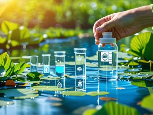 Conceptual illustration of a farm pond with visual representations of water quality parameters such as pH, dissolved oxygen, ammonia, and phosphates. A hand is shown holding a water test kit, symbolizing proactive water testing.