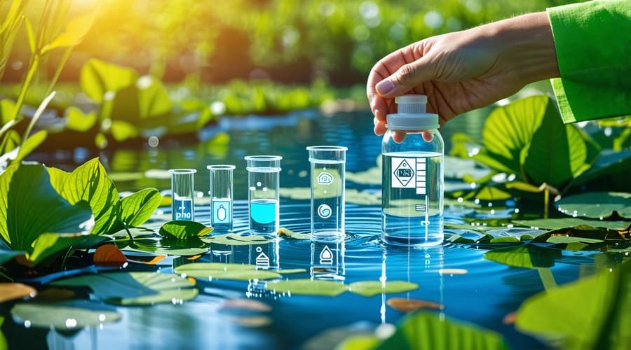 Conceptual illustration of a farm pond with visual representations of water quality parameters such as pH, dissolved oxygen, ammonia, and phosphates. A hand is shown holding a water test kit, symbolizing proactive water testing.