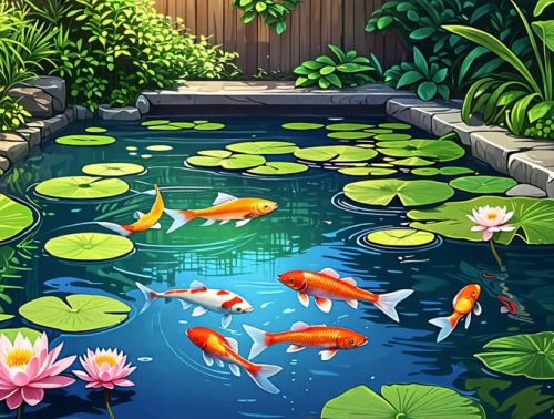 A realistic depiction of an integrated aquaculture system featuring a clear pond with fish like tilapia and carp, surrounded by water lilies and lotuses, exemplifying a harmonious aquatic ecosystem.