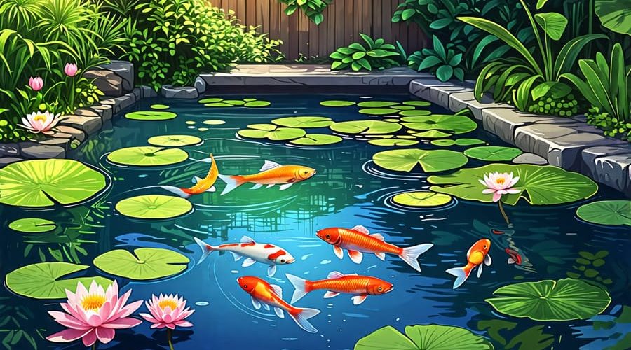 A realistic depiction of an integrated aquaculture system featuring a clear pond with fish like tilapia and carp, surrounded by water lilies and lotuses, exemplifying a harmonious aquatic ecosystem.