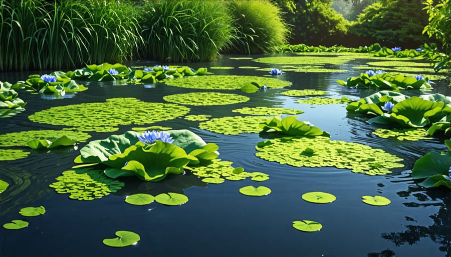 Tranquil pond surface covered in floating aquatic plants