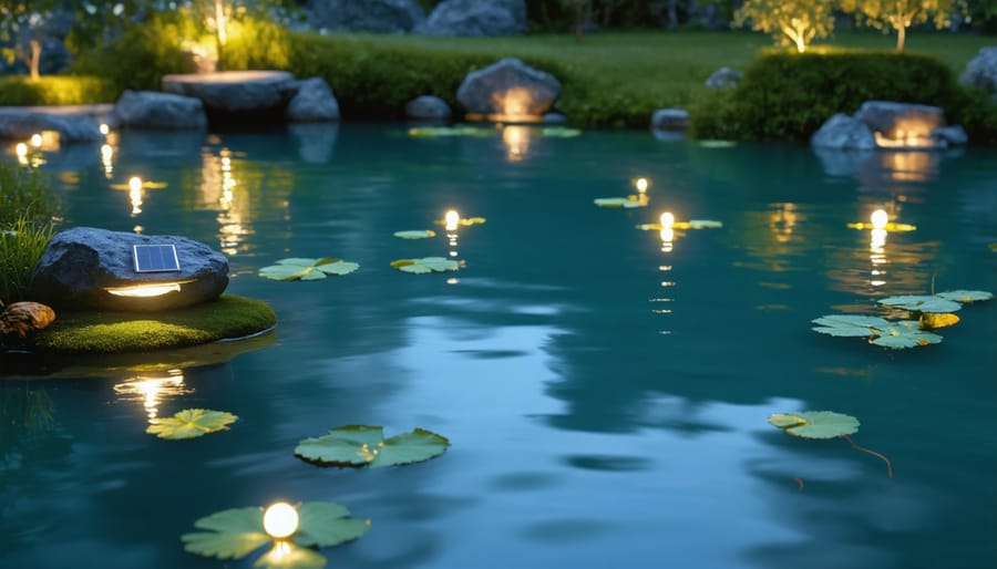 Floating solar lights creating a magical ambiance on a pond's surface