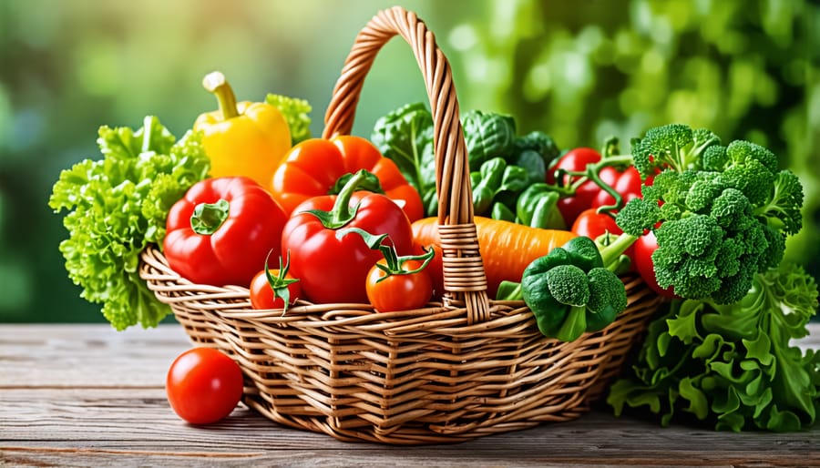 Wicker basket filled with freshly picked organic garden produce