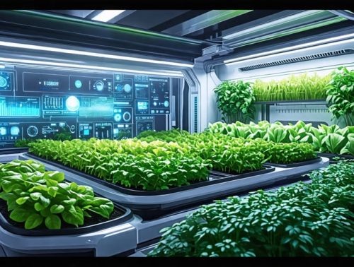 A futuristic hydroponic garden system featuring advanced automation technology with lush plants, sensors, and control panels in a modern setup.