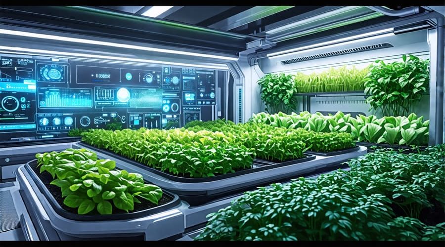 A futuristic hydroponic garden system featuring advanced automation technology with lush plants, sensors, and control panels in a modern setup.