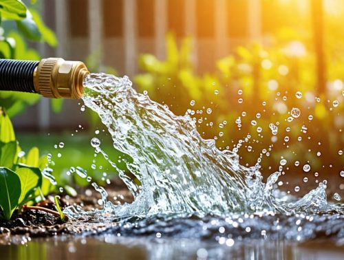 Conceptual image showing a garden hose with water flowing out, interspersed with symbols for lead, BPA, and phthalates to illustrate potential contamination.