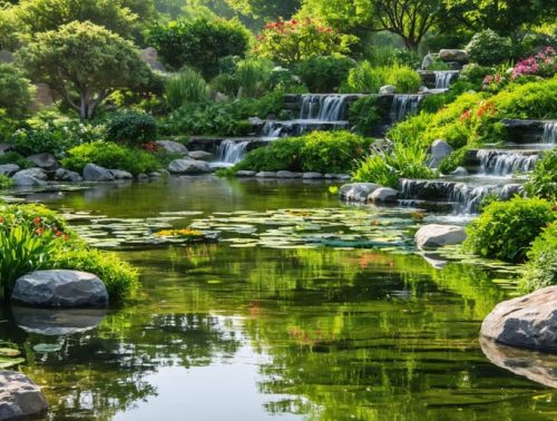 A beautiful garden with a pond at its center, featuring an intricate irrigation system with pipes leading to vibrant plants, showcasing sustainable water management.