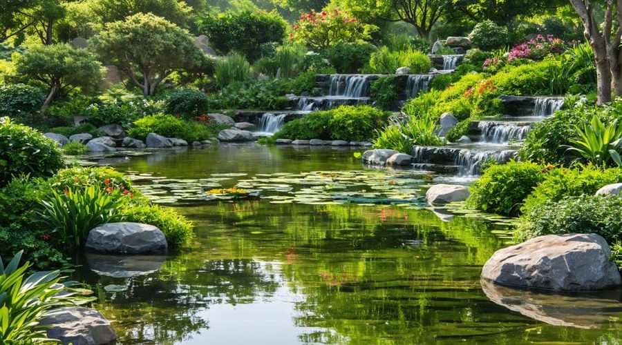 A beautiful garden with a pond at its center, featuring an intricate irrigation system with pipes leading to vibrant plants, showcasing sustainable water management.