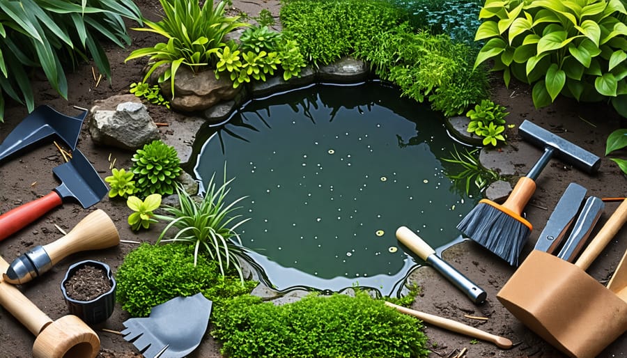 Materials and tools like pond liners, rocks, a pump, and gardening tools for pond construction