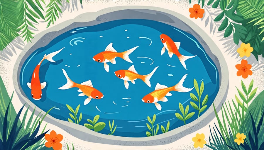 Illustration of recommended pond dimensions and features for goldfish breeding