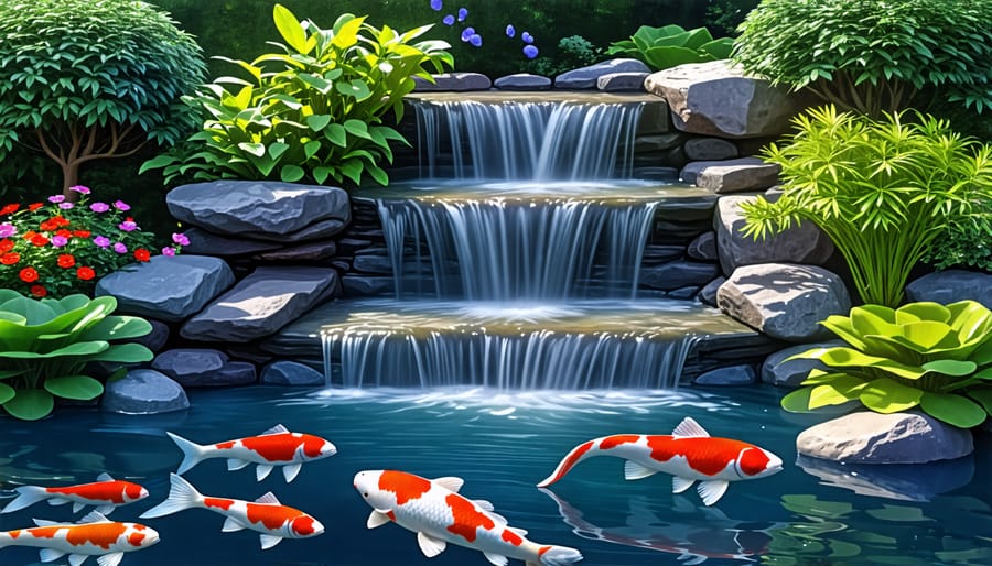 Example of a beautifully landscaped koi pond with decorative elements enhancing its overall aesthetic appeal