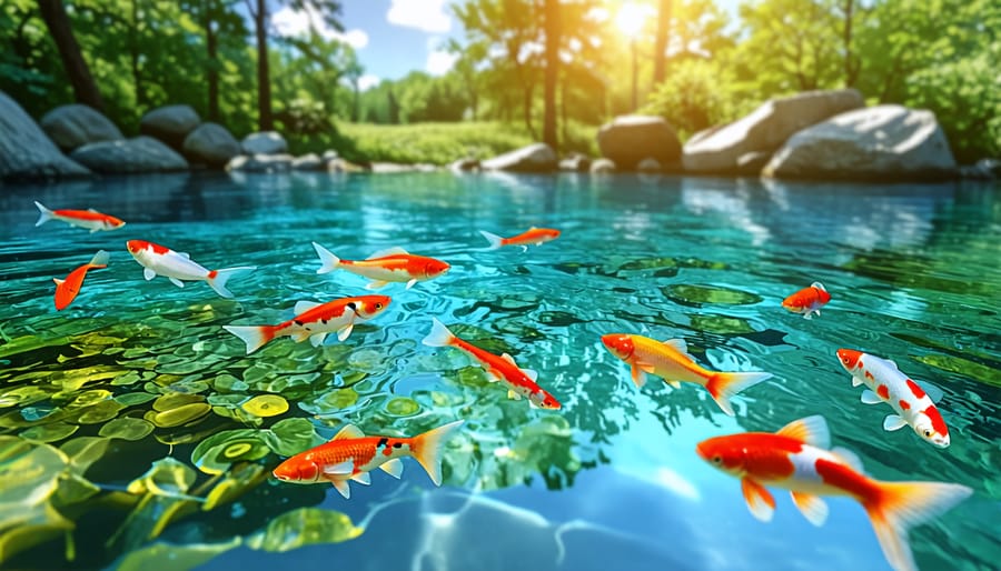 Healthy pond ecosystem with thriving fish and plants