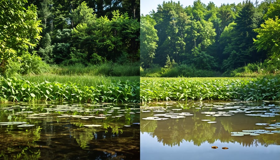 Contrasting images of a thriving pond and a pond overrun by invasive aquatic weeds