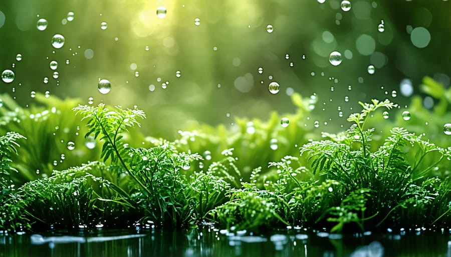 Hornwort oxygenating a small pond, releasing oxygen bubbles underwater