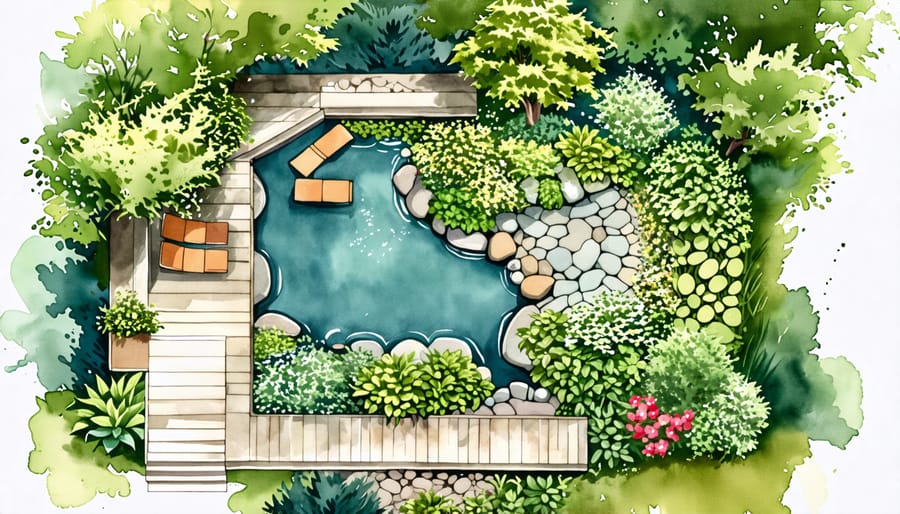 Illustration depicting a backyard with a marked ideal location for constructing a wildlife pond