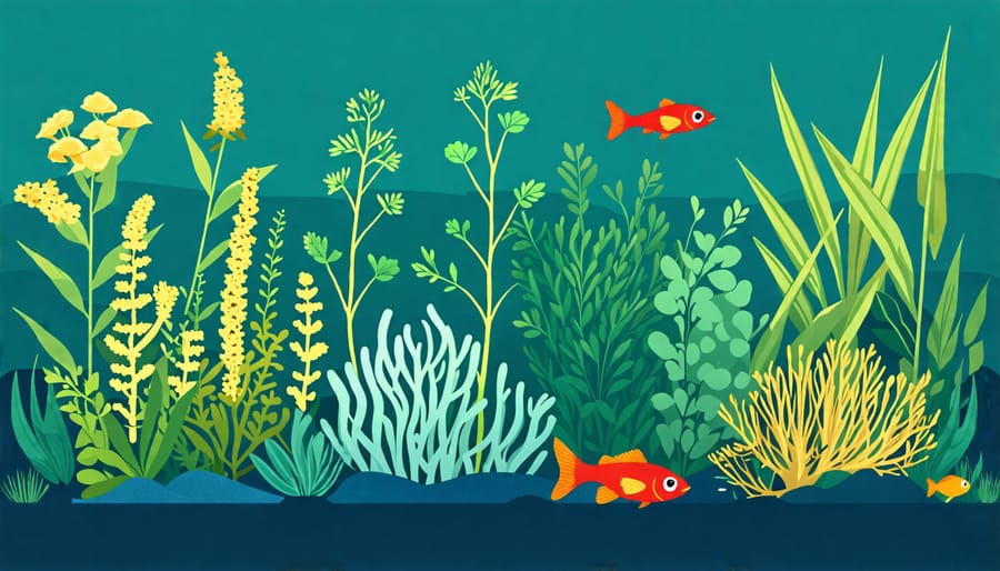 Illustration explaining how invasive plants affect fish and aquatic life by altering oxygen levels and habitats