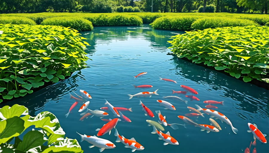 A visual representation of an integrated aquaculture system with fish and various aquatic plants