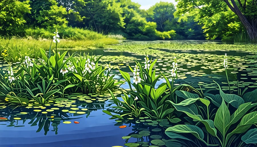 Pond ecosystem with visible invasive plants like water hyacinth and Eurasian watermilfoil