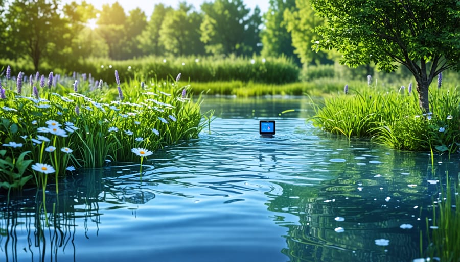 Smart sensors measuring pH, temperature, and oxygen levels in a pond