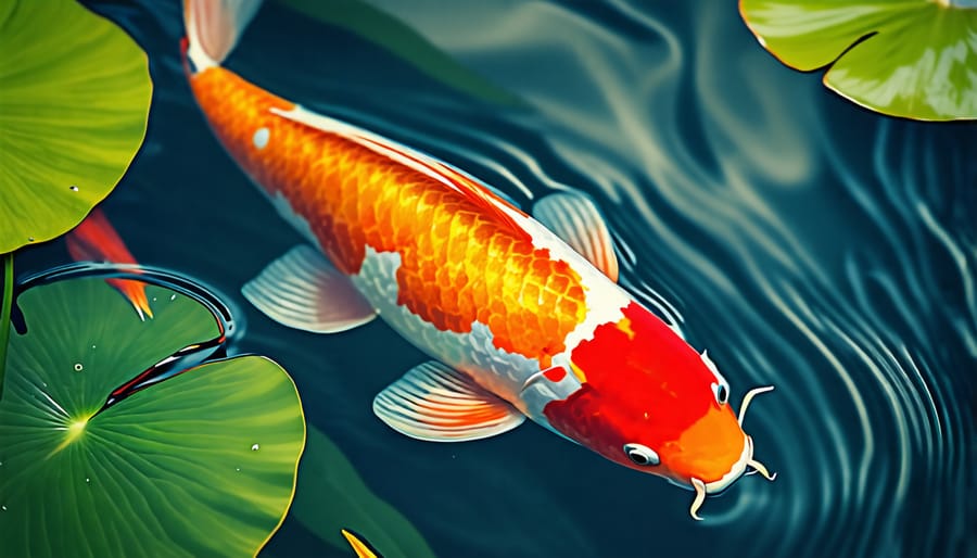 Koi fish swimming in a pond surrounded by various beneficial aquatic plants