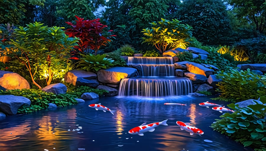 Nighttime view of a koi pond with accent lighting on water features and plants