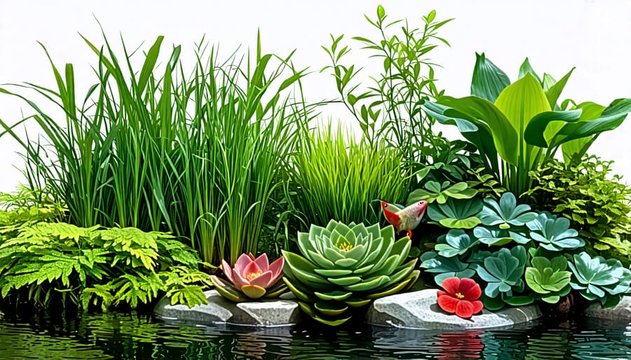 Collection of beneficial aquatic plants for balancing koi pond ecosystems