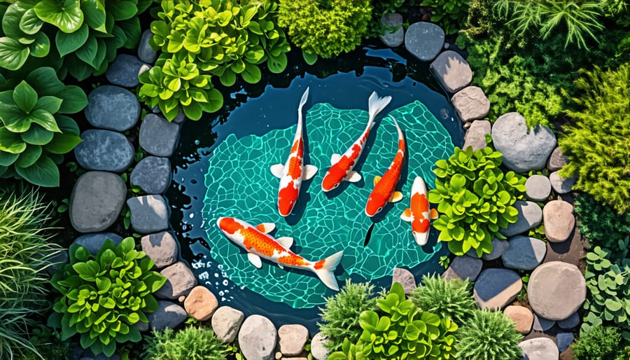 A koi pond integrated into backyard landscaping, showing the pond shape and placement