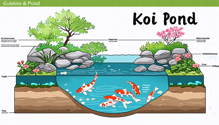 Diagram showcasing recommended koi pond design for optimal water quality and koi health