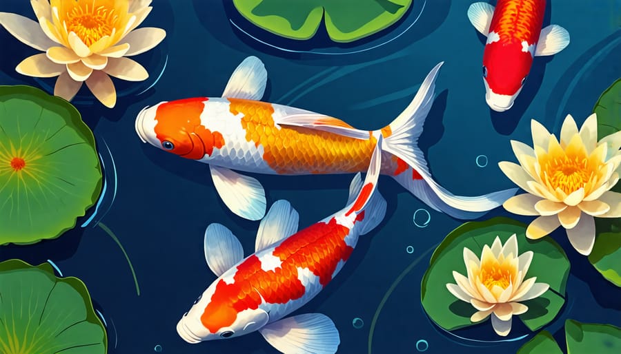 Vibrant koi fish and water lilies in a harmonious Japanese pond ecosystem