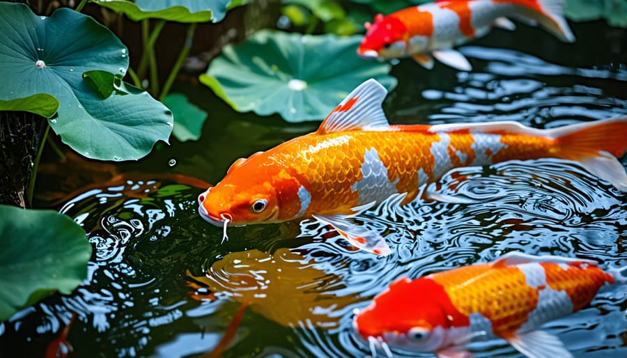 Detailed image of a filtration system used in a koi pond, illustrating equipment setup