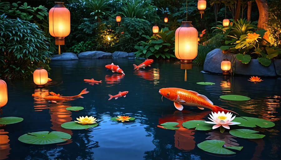 Enchanting koi pond decorated with floating lights and glowing lily pads