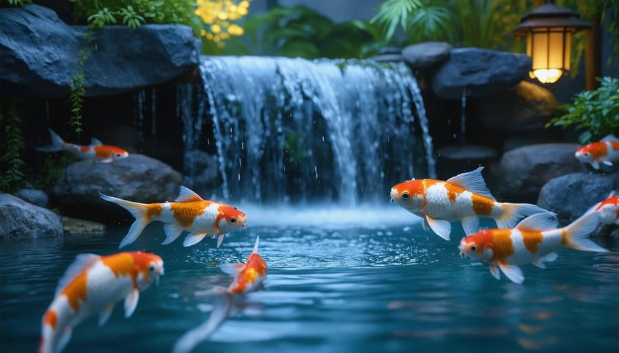 Beautifully lit koi pond at night showcasing strategic placement of pond lights