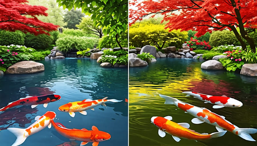 Koi pond in contrasting summer and winter conditions