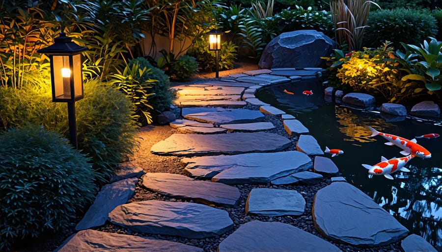 Inviting illuminated pathway encircling a koi pond, enhancing safety and ambiance