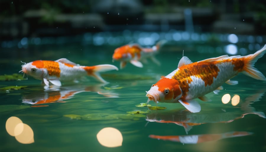 Modern koi pond with underwater lighting for a captivating nighttime display