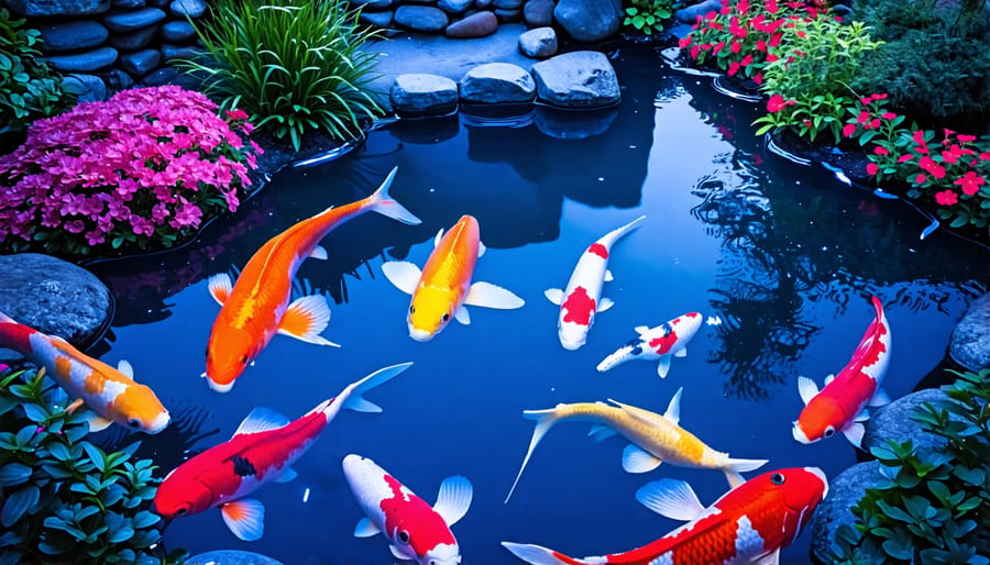 Koi pond with vibrant underwater lighting highlighting fish and aquatic plants