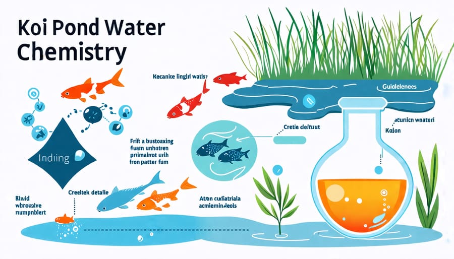 A conceptual diagram showing the key elements of water chemistry: pH, ammonia, nitrites, and nitrates in relation to koi ponds