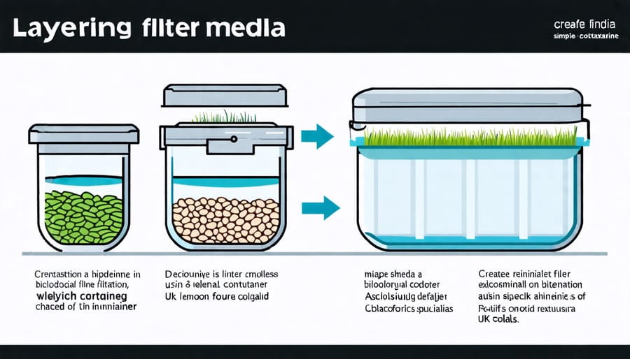 Diagram showing how to create the biological filtration layers in a DIY pond filter