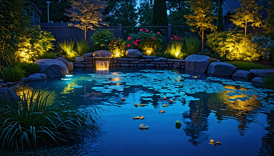 A garden pond illuminated with submersible and floating lights, showcasing their effects on the water