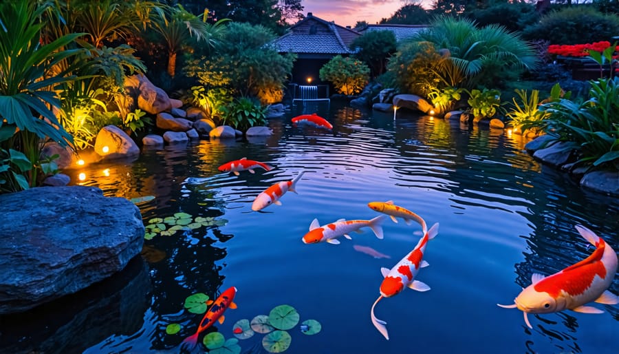 Koi pond illuminated with submersible and floating lights at dusk