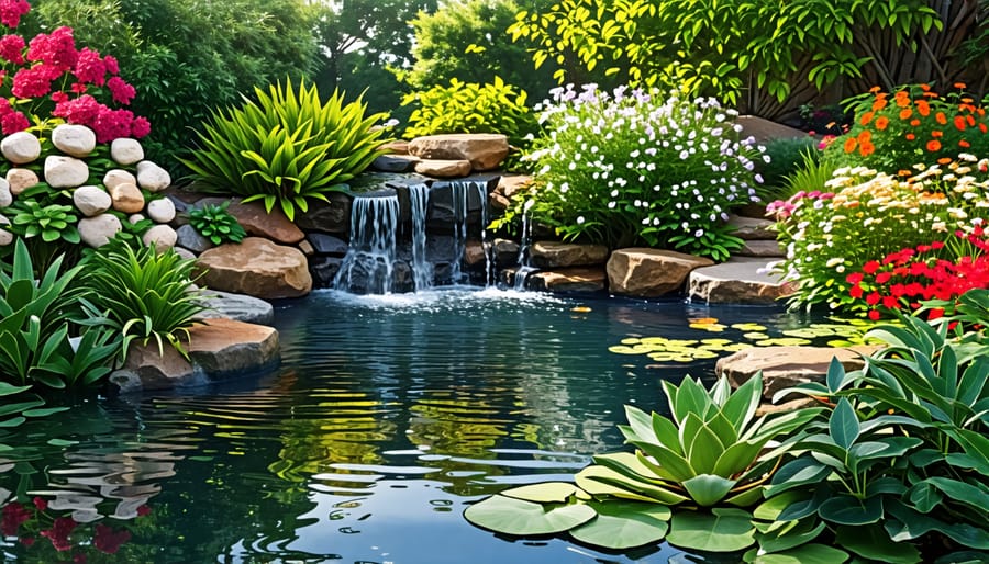 Thriving backyard wildlife pond with diverse plants and a waterfall feature