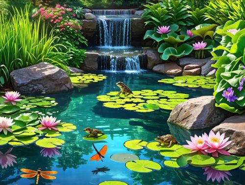 A tranquil pond setting with clear water, native aquatic plants, and wildlife like dragonflies and frogs, illustrating an eco-friendly pond ecosystem.