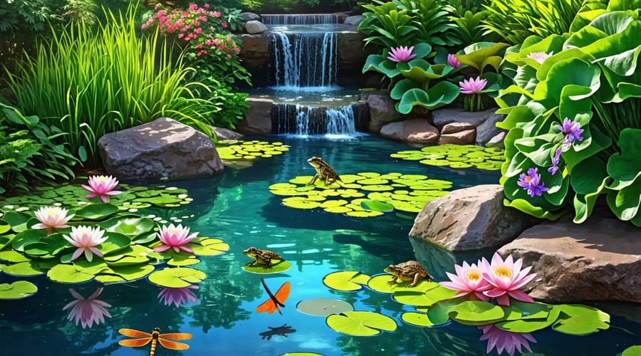 A tranquil pond setting with clear water, native aquatic plants, and wildlife like dragonflies and frogs, illustrating an eco-friendly pond ecosystem.