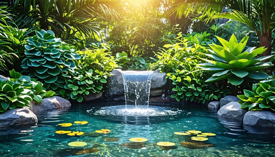 Eco-friendly pond with thriving aquatic plants and clear water