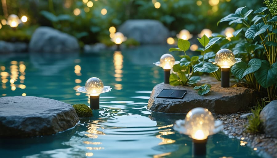 Stunning solar light display in a pond using various types of lights