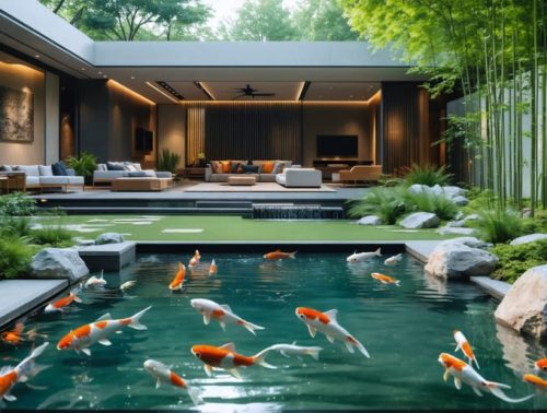 A modern koi pond with sleek lines and minimalist landscaping, featuring ornamental grasses and bamboo, illuminated by underwater lights for a serene backyard oasis.