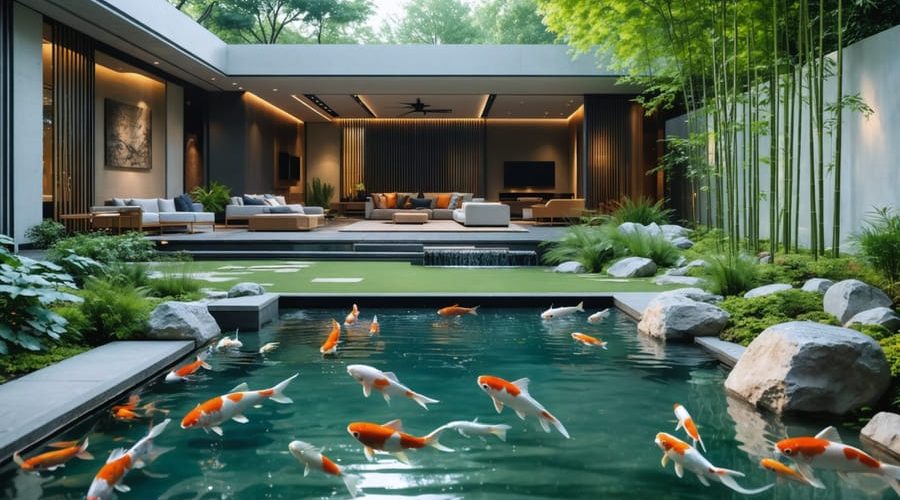 A modern koi pond with sleek lines and minimalist landscaping, featuring ornamental grasses and bamboo, illuminated by underwater lights for a serene backyard oasis.