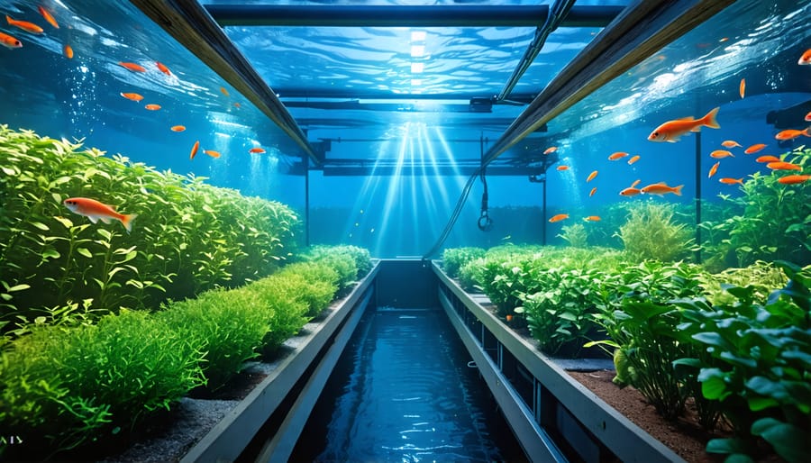 A gardener checking water quality and plant health in an aquaponic setup