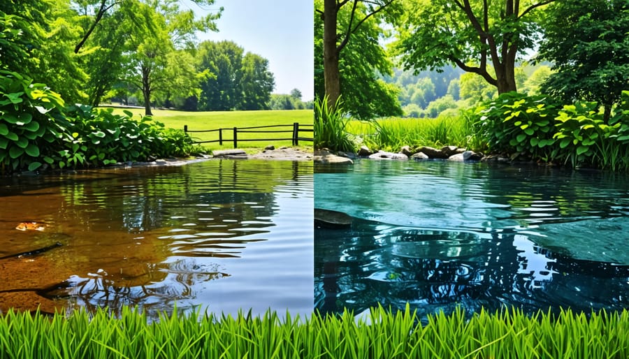 Contrasting images of an unhealthy, murky pond and a clear, well-maintained pond